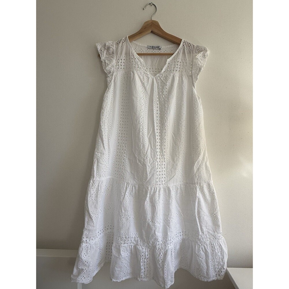 ✿ Valentina Naldi White Eyelet Cotton Dress M Made in Italy Boho Summer Midi